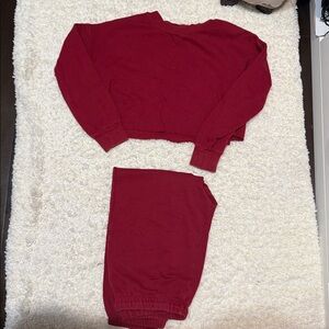 Red cropped sweater and sweatpants